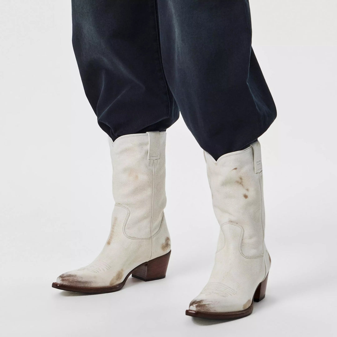 PRADA DISTRESSED CALFSKIN LEATHER SHORT COWBOY BOOTS