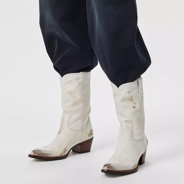 PRADA DISTRESSED CALFSKIN LEATHER SHORT COWBOY BOOTS