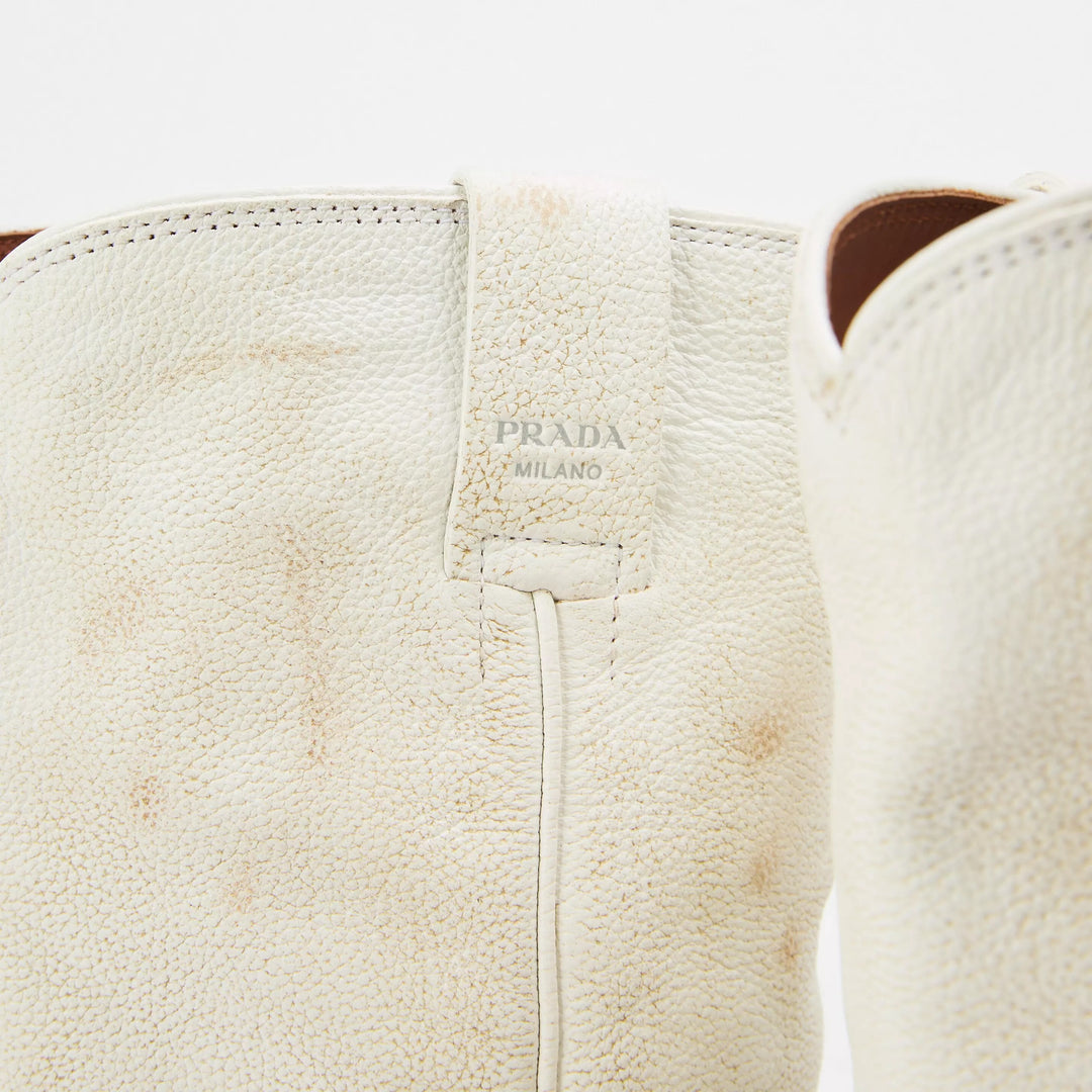 PRADA DISTRESSED CALFSKIN LEATHER SHORT COWBOY BOOTS