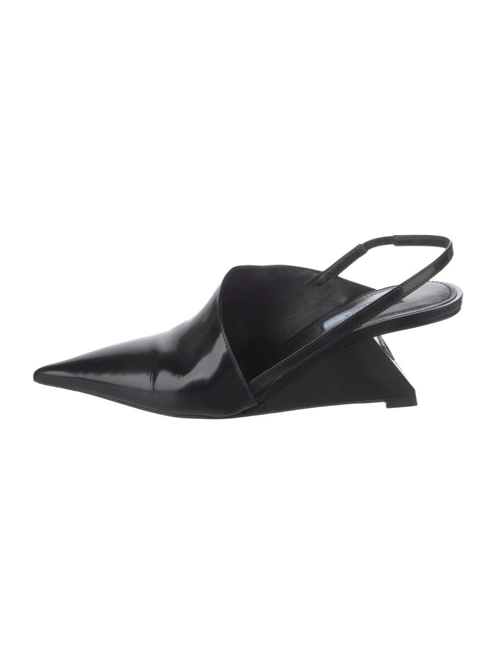 PRADA LEATHER SLINGBACK GEOMETRIC WEDGE HEEL PUMPS