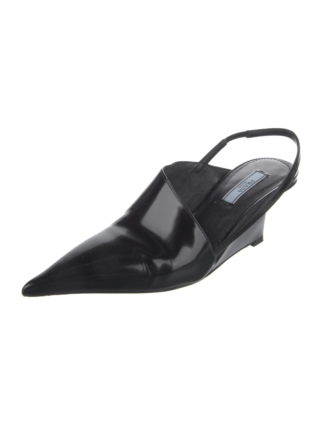 PRADAウェッジハイヒールエナメル PRADA LEATHER SLINGBACK GEOMETRIC WEDGE HEEL PUMPS