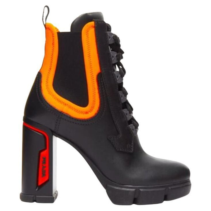 PRADA RUNWAY COLLECTION NEON NEOPRENE CALFSKIN LOGO BOOTS