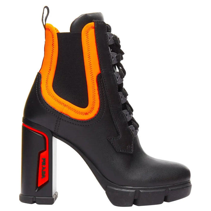PRADA RUNWAY COLLECTION NEON NEOPRENE CALFSKIN LOGO BOOTS