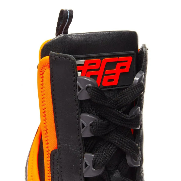 PRADA RUNWAY COLLECTION NEON NEOPRENE CALFSKIN LOGO BOOTS