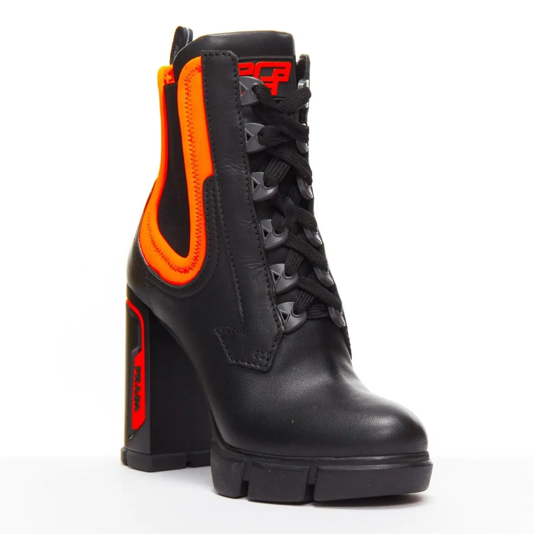 PRADA RUNWAY COLLECTION NEON NEOPRENE CALFSKIN LOGO BOOTS