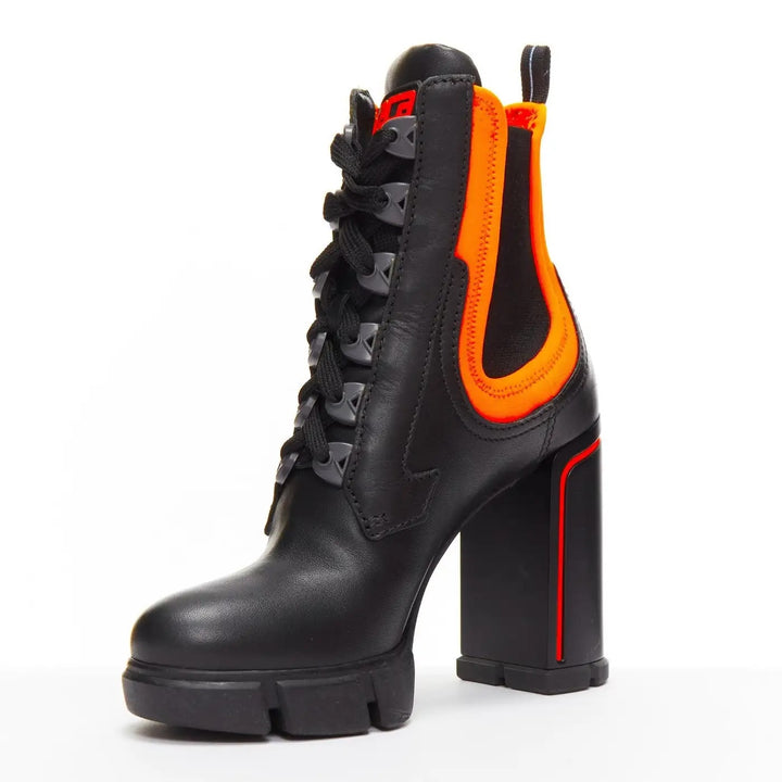 PRADA RUNWAY COLLECTION NEON NEOPRENE CALFSKIN LOGO BOOTS