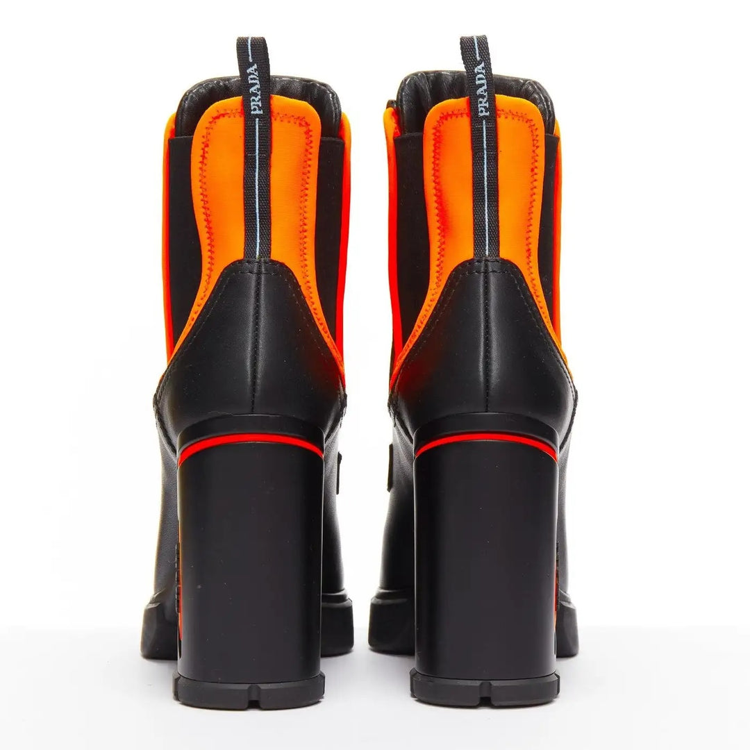 PRADA RUNWAY COLLECTION NEON NEOPRENE CALFSKIN LOGO BOOTS
