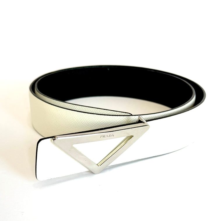 PRADA WHITE &amp; BLACK REVERSIBLE SAFFIANO LEATHER BELT
