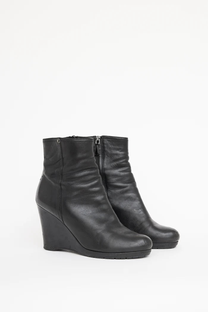 PRADA SPORT SOFT CALFSKIN LEATHER WEDGE HEEL BOOTIES
