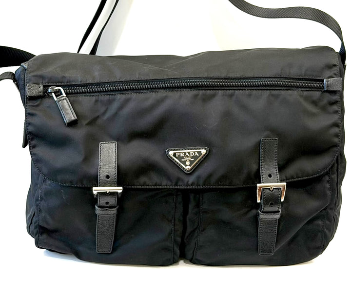 PRADA TESSUTO NYLON SAFFIANO TRIM DOUBLE BUCKLE MESSENGER BAG