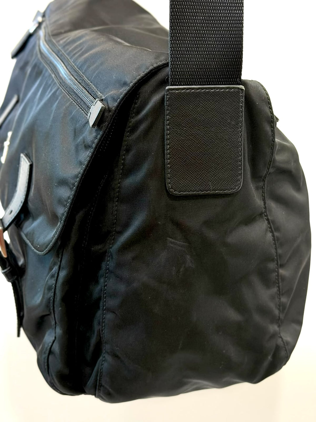 PRADA TESSUTO NYLON SAFFIANO TRIM DOUBLE BUCKLE MESSENGER BAG