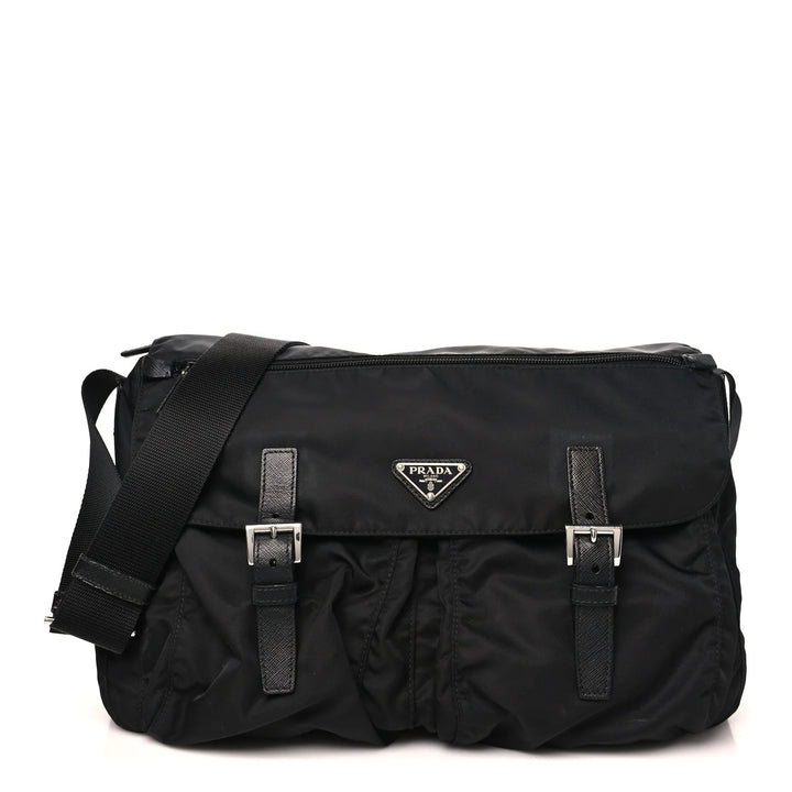 PRADA TESSUTO NYLON SAFFIANO TRIM DOUBLE BUCKLE MESSENGER BAG