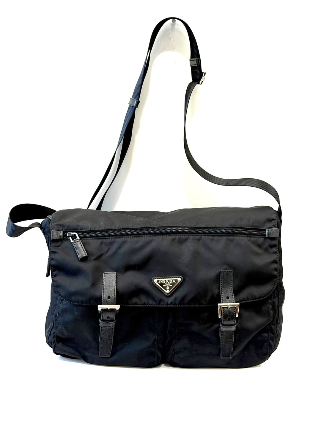 PRADA TESSUTO NYLON SAFFIANO TRIM DOUBLE BUCKLE MESSENGER BAG