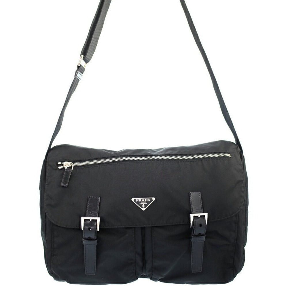 PRADA TESSUTO NYLON SAFFIANO TRIM DOUBLE BUCKLE MESSENGER BAG