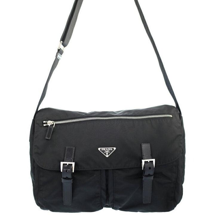 PRADA TESSUTO NYLON SAFFIANO TRIM DOUBLE BUCKLE MESSENGER BAG