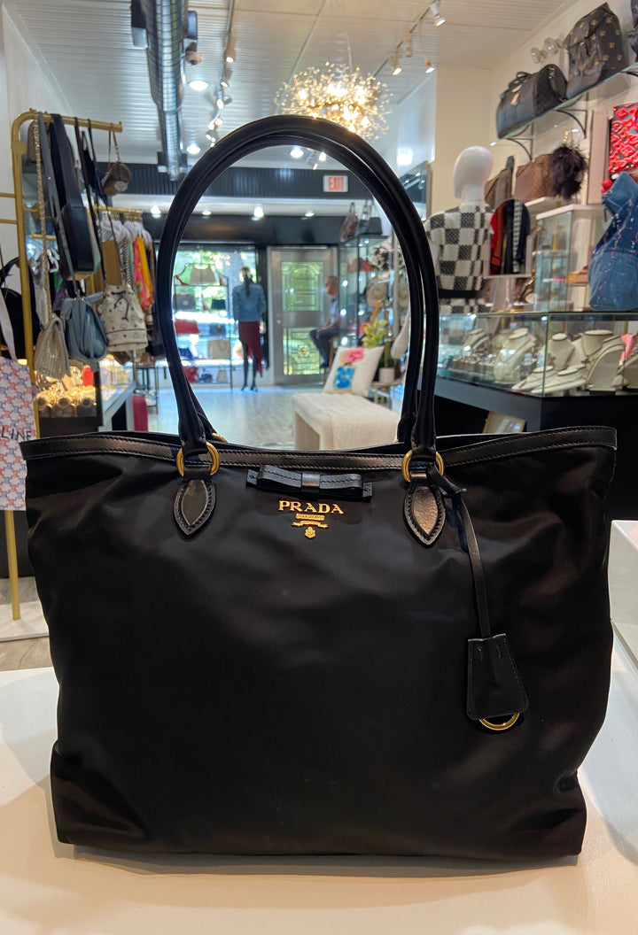 PRADA TESSUTO NYLON &amp; CALFSKIN LEATHER SHOPPING TOTE BAG