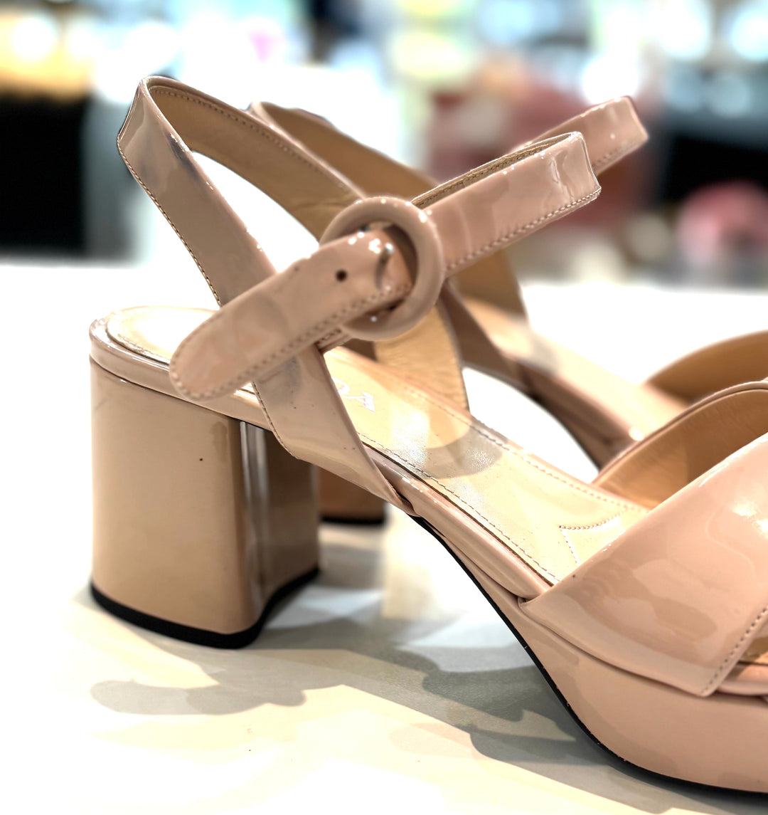 PRADA VERNIS LEATHER PLATFORM ANKLE WRAP 65MM SANDALS