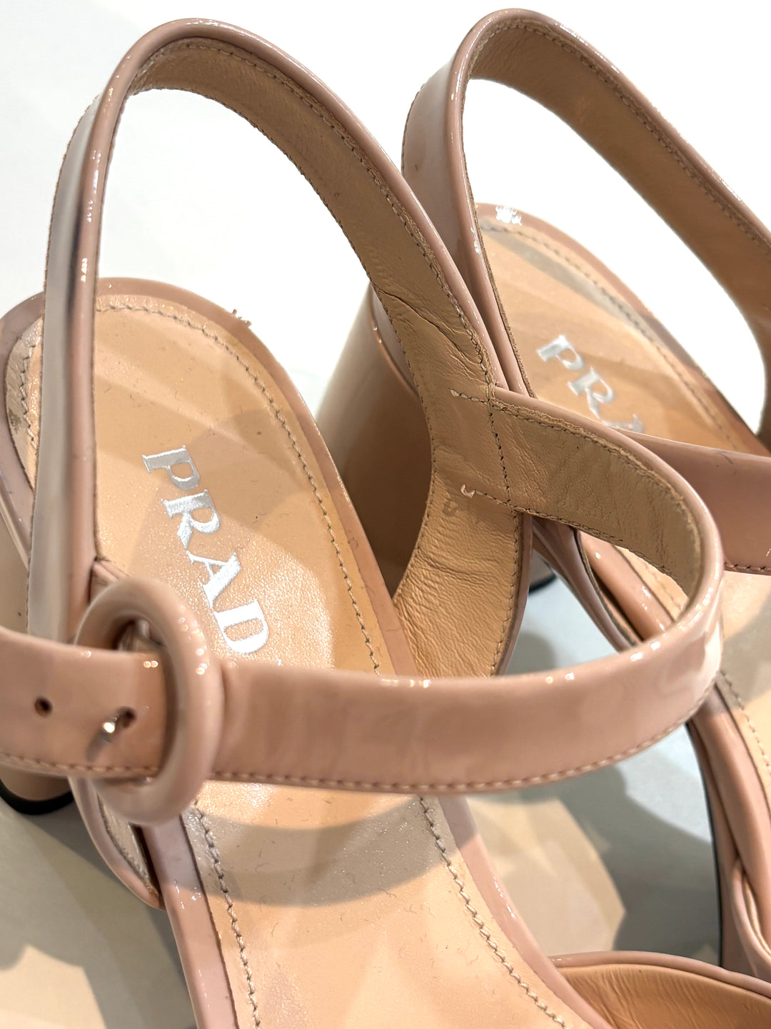 PRADA VERNIS LEATHER PLATFORM ANKLE WRAP 65MM SANDALS