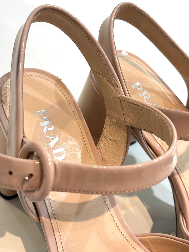 PRADA VERNIS LEATHER PLATFORM ANKLE WRAP 65MM SANDALS