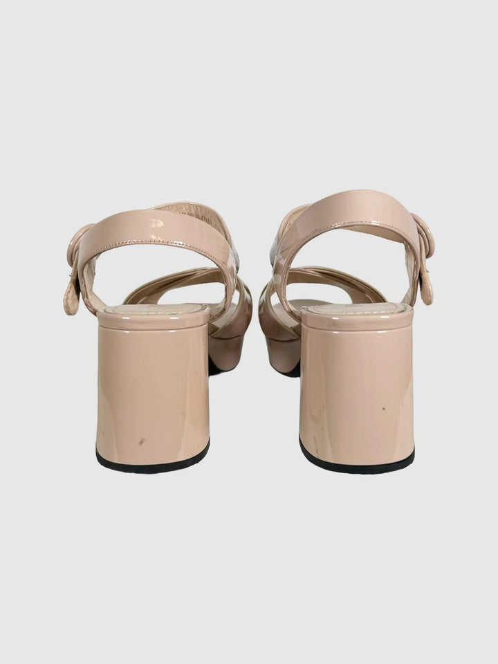 PRADA VERNIS LEATHER PLATFORM ANKLE WRAP 65MM SANDALS