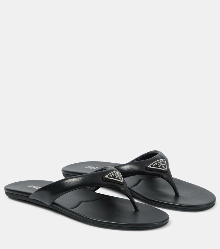 PRADA TRIANGLE LOGO PATENT LEATHER THONG SLIDE SANDALS