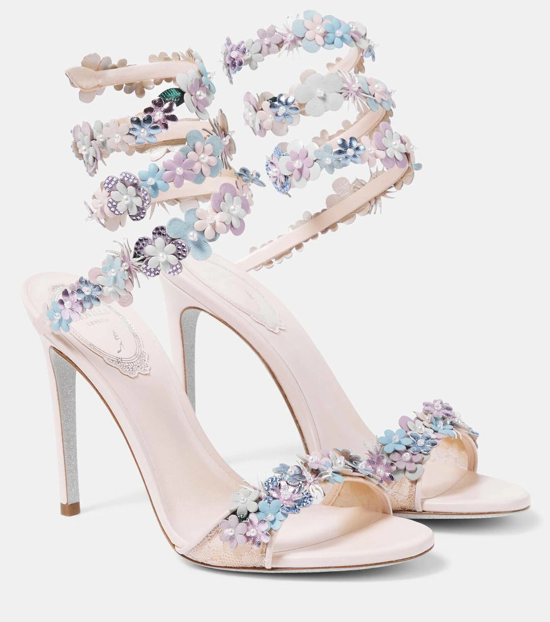 RENÉ CAOVILLA ROXANNE FLOWER APPLIQUÉ HEELED SANDALS
