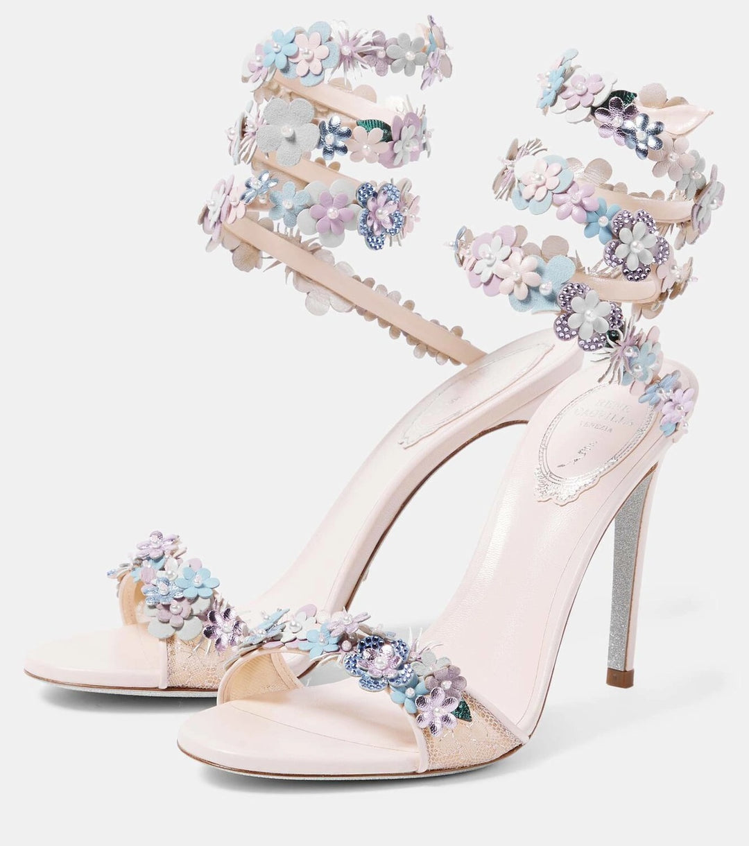 RENÉ CAOVILLA ROXANNE FLOWER APPLIQUÉ HEELED SANDALS