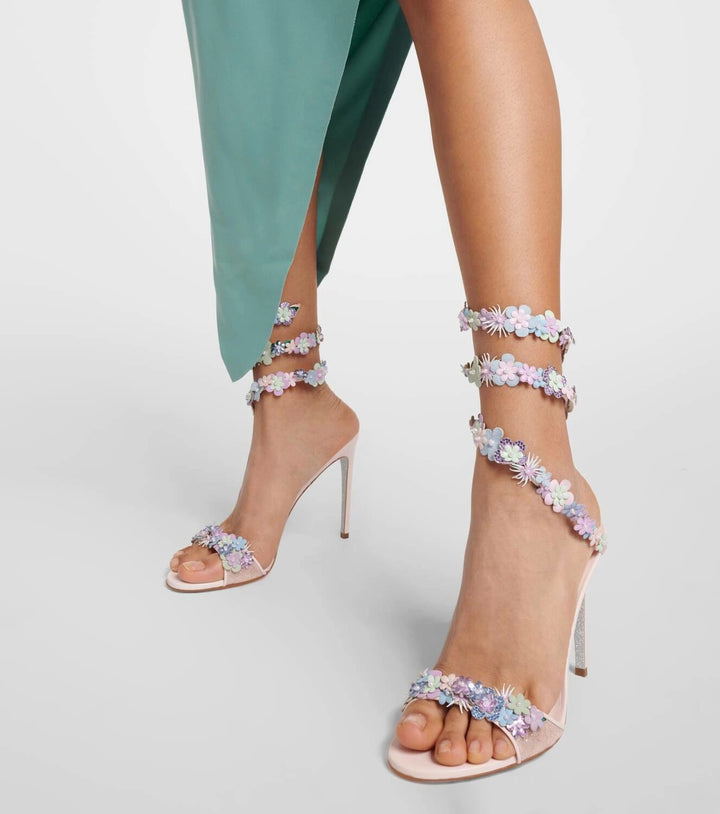 RENÉ CAOVILLA ROXANNE FLOWER APPLIQUÉ HEELED SANDALS