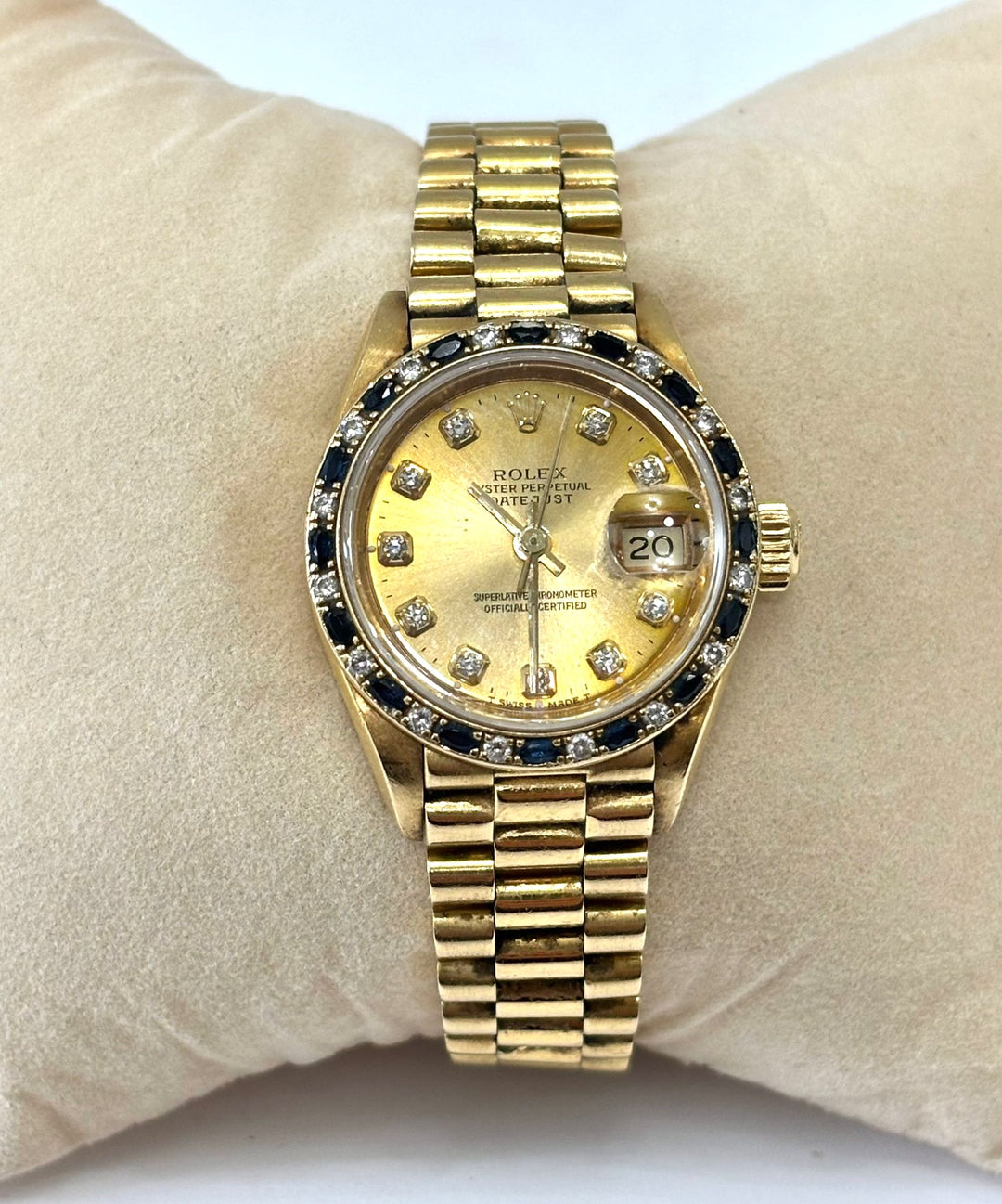 ROLEX DATEJUST 18K GOLD DIAMOND &amp; SAPPHIRE BEZEL PRESIDENT 26 MM WATCH