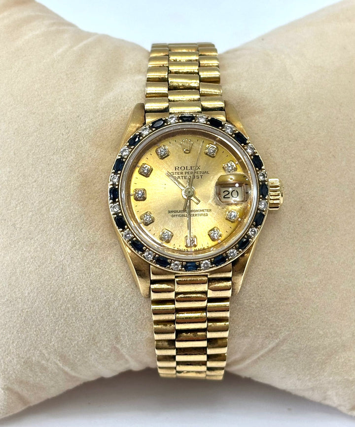 ROLEX DATEJUST 18K GOLD DIAMOND &amp; SAPPHIRE BEZEL PRESIDENT 26 MM WATCH