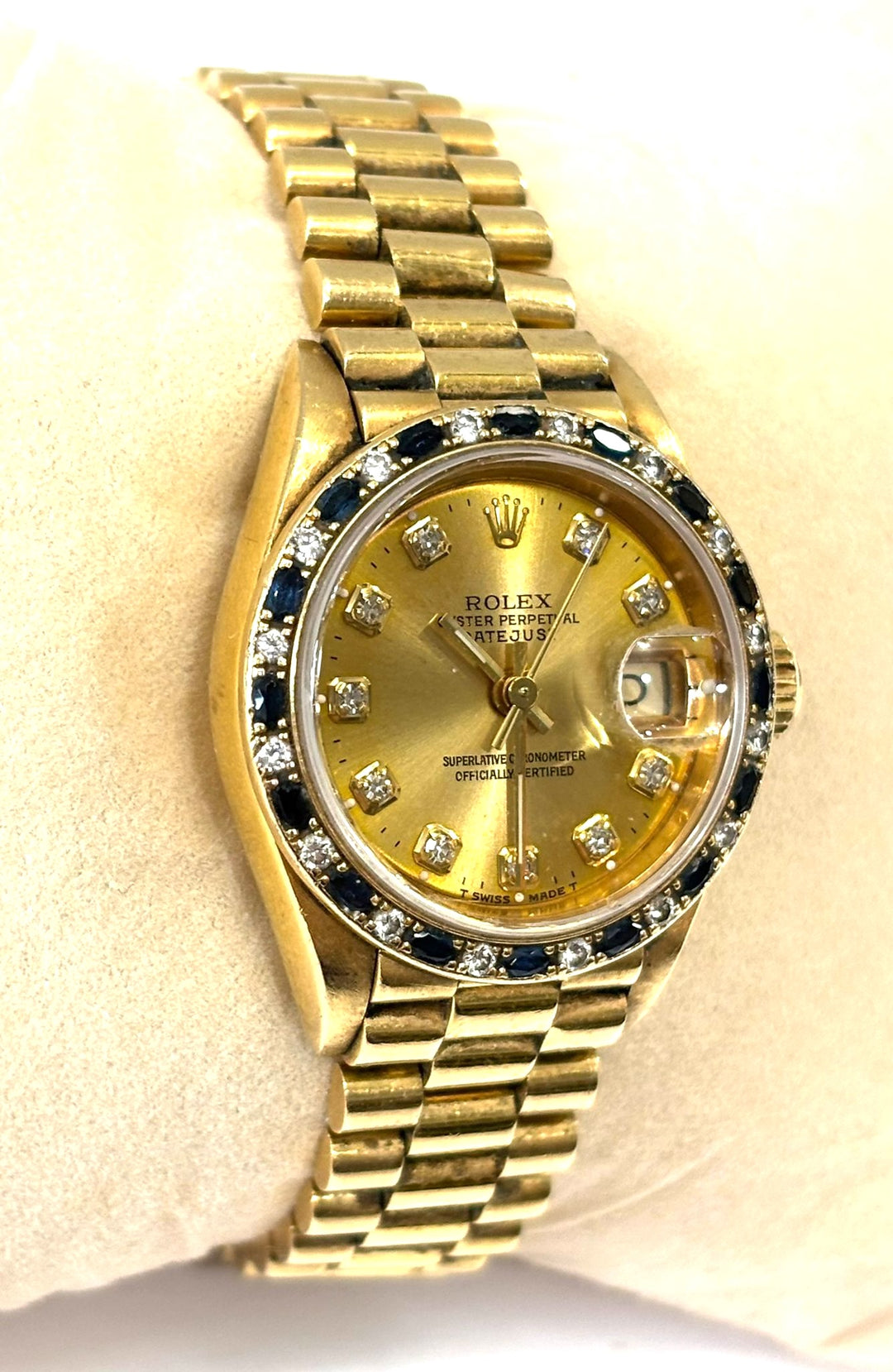 ROLEX DATEJUST 18K GOLD DIAMOND &amp; SAPPHIRE BEZEL PRESIDENT 26 MM WATCH