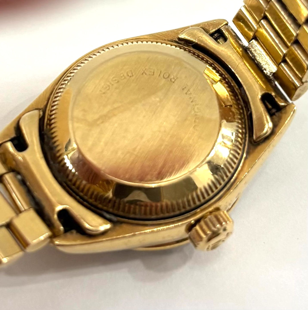 ROLEX DATEJUST 18K GOLD DIAMOND &amp; SAPPHIRE BEZEL PRESIDENT 26 MM WATCH