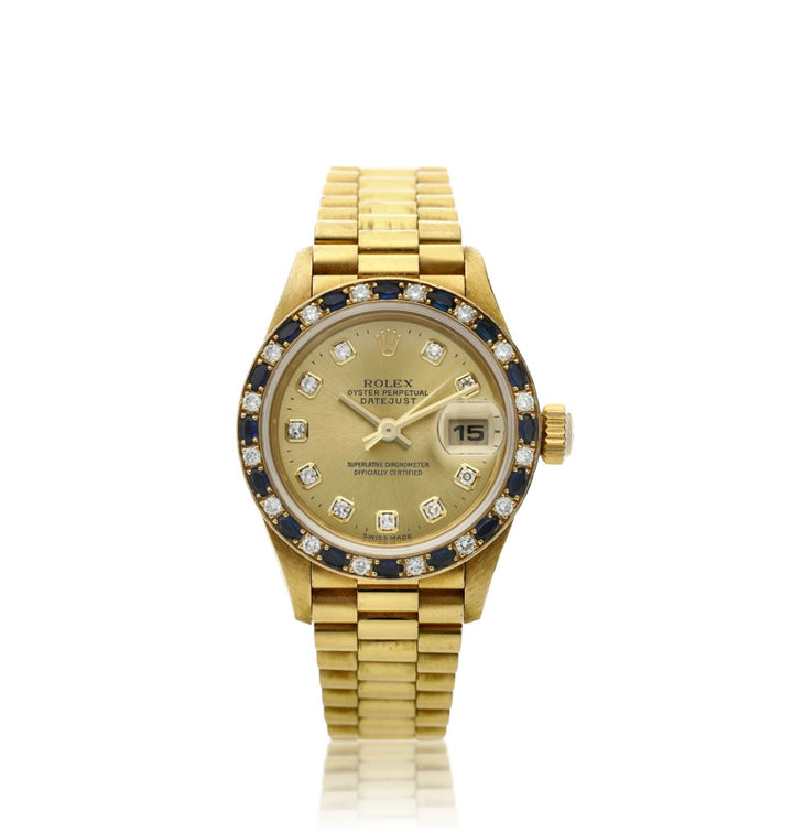 ROLEX DATEJUST 18K GOLD DIAMOND &amp; SAPPHIRE BEZEL PRESIDENT 26 MM WATCH