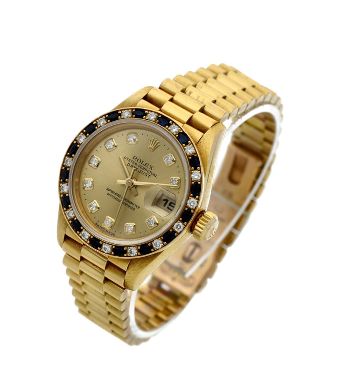 ROLEX DATEJUST 18K GOLD DIAMOND &amp; SAPPHIRE BEZEL PRESIDENT 26 MM WATCH