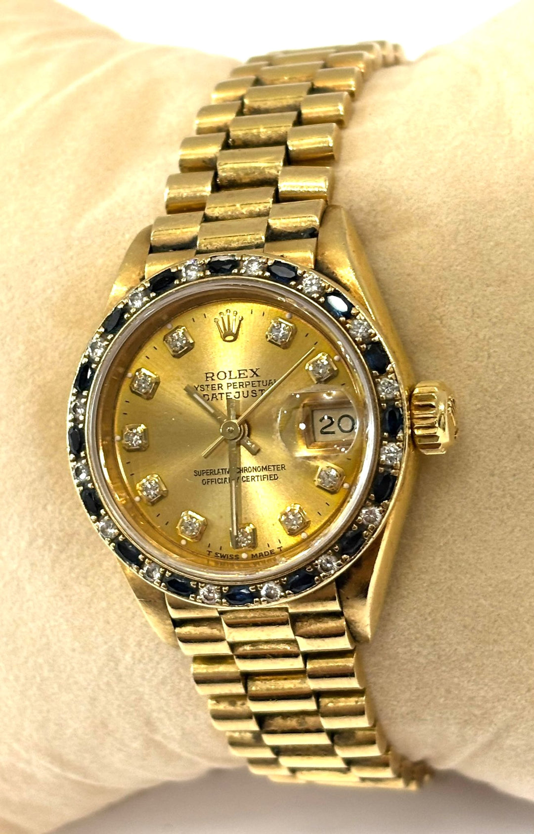 ROLEX DATEJUST 18K GOLD DIAMOND &amp; SAPPHIRE BEZEL PRESIDENT 26 MM WATCH