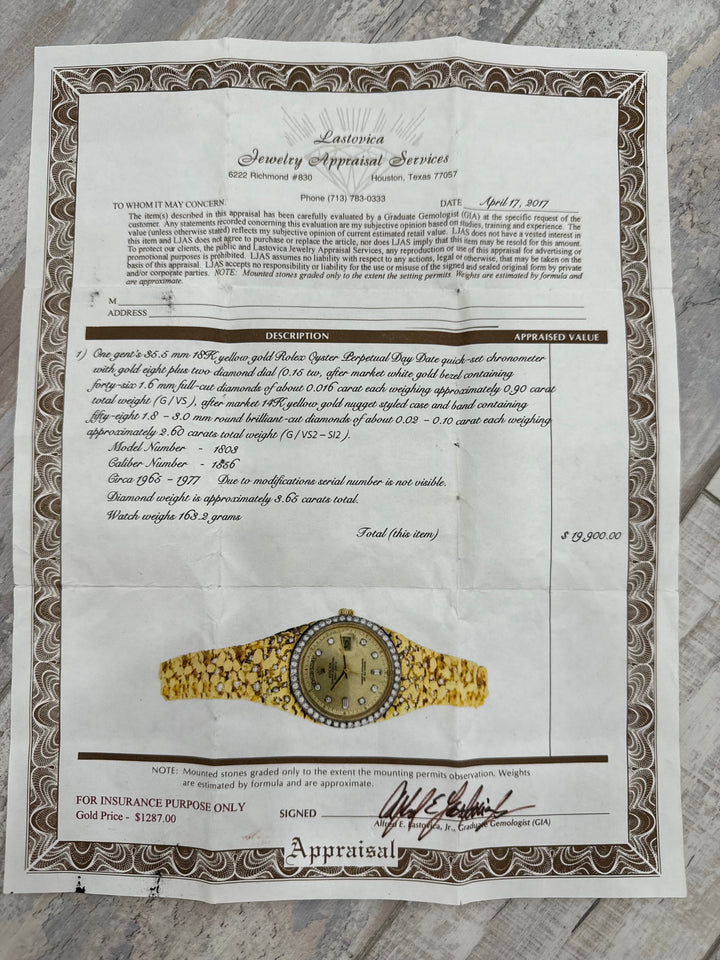 ROLEX DAY DATE PRESIDENTIAL NUGGET 18K GOLD DIAMOND BEZEL WATCH