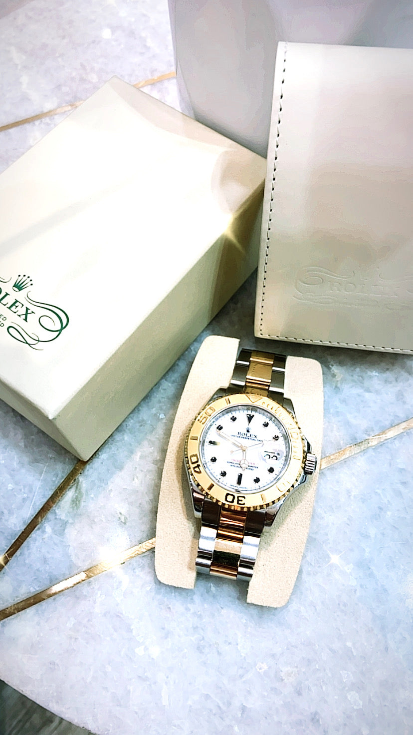 ROLEX YACHT-MASTER WHITE 18K YELLOW GOLD SS 40MM WATCH