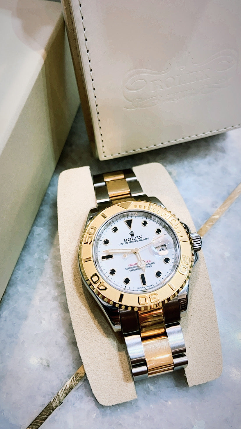 ROLEX YACHT-MASTER WHITE 18K YELLOW GOLD SS 40MM WATCH