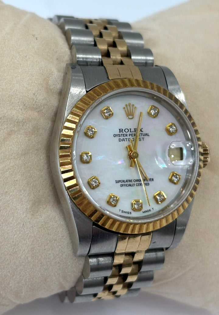 ROLEX DATEJUST 18K YELLOW GOLD TWO-TONE MOP DIAL JUBILEE BAND WATCH