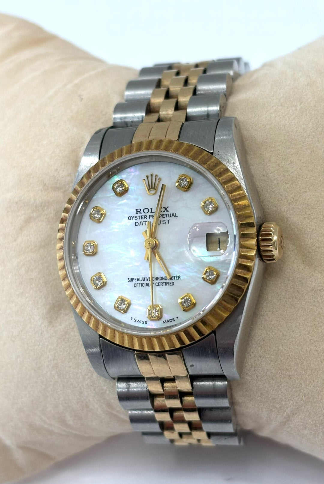 ROLEX DATEJUST 18K YELLOW GOLD TWO-TONE MOP DIAL JUBILEE BAND WATCH