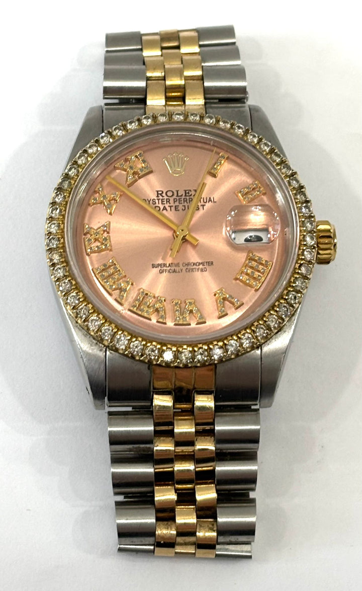 ROLEX DATEJUST DIAMOND BEZEL TWO-TONE PINK ROMAN NUMERAL JUBILEE WATCH