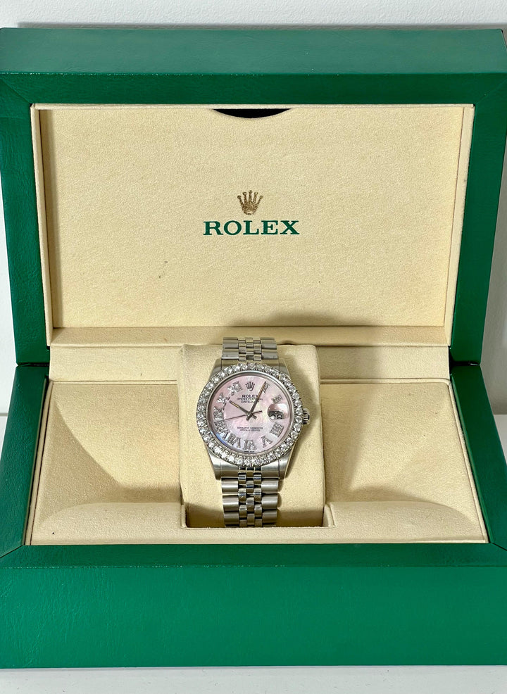 ROLEX DATEJUST STAINLESS STEEL 3.25CT AFTERMARKET DIAMOND BEZEL AND DIAL 36MM WATCH