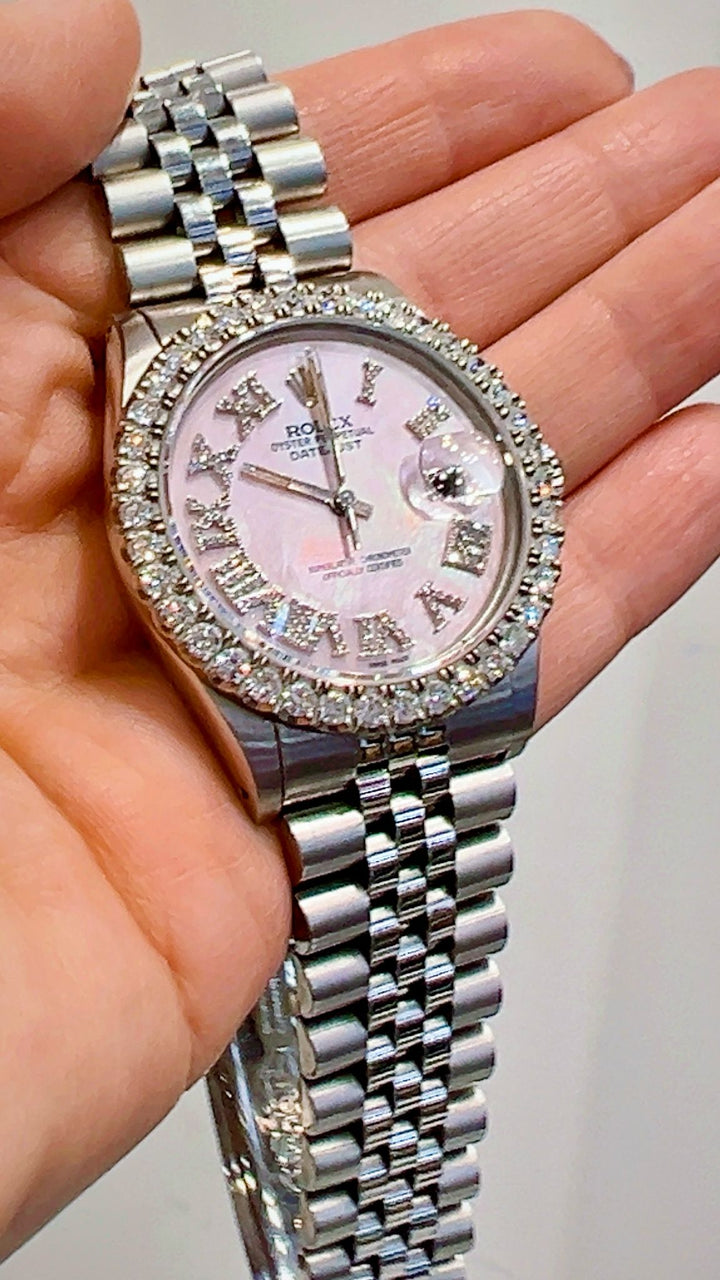 ROLEX DATEJUST STAINLESS STEEL 3.25CT AFTERMARKET DIAMOND BEZEL AND DIAL 36MM WATCH