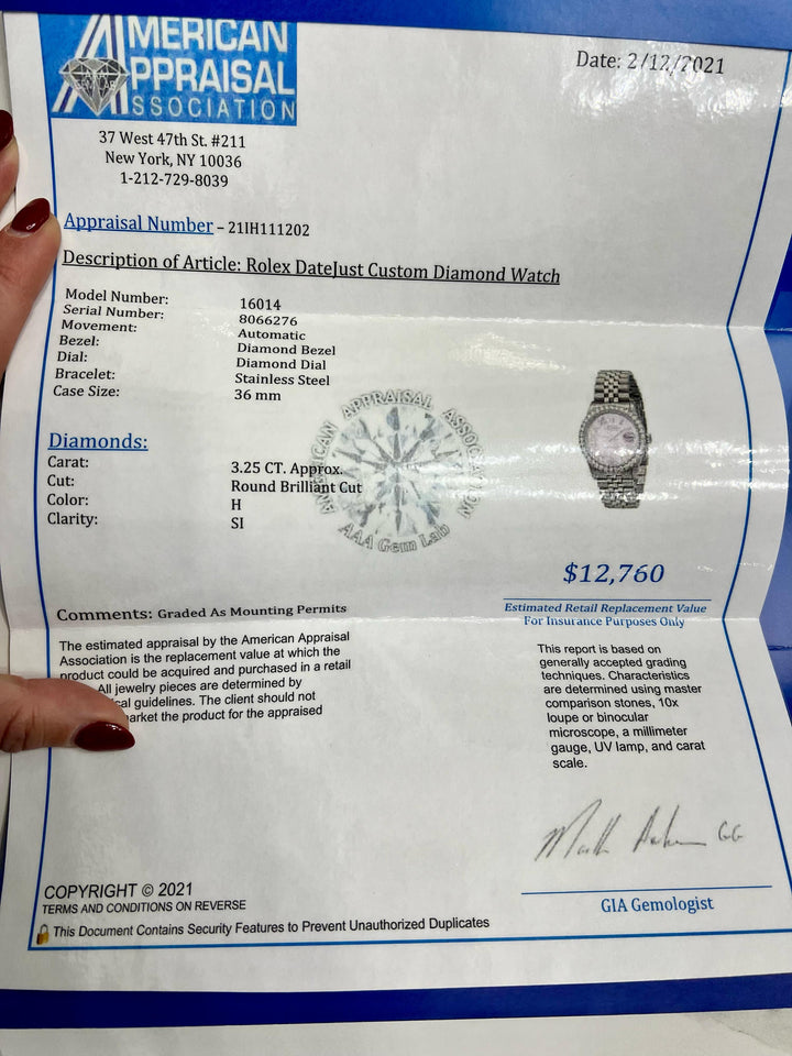 ROLEX DATEJUST STAINLESS STEEL 3.25CT AFTERMARKET DIAMOND BEZEL AND DIAL 36MM WATCH