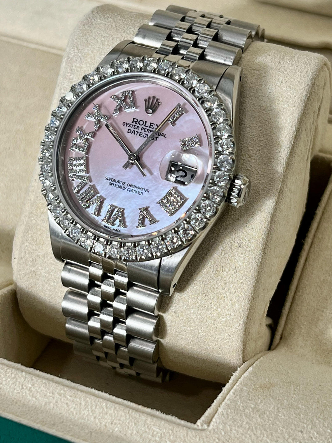 ROLEX DATEJUST STAINLESS STEEL 3.25CT AFTERMARKET DIAMOND BEZEL AND DIAL 36MM WATCH