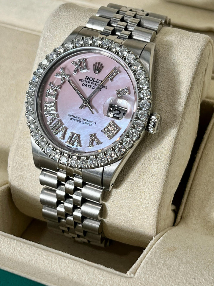 ROLEX DATEJUST STAINLESS STEEL 3.25CT AFTERMARKET DIAMOND BEZEL AND DIAL 36MM WATCH