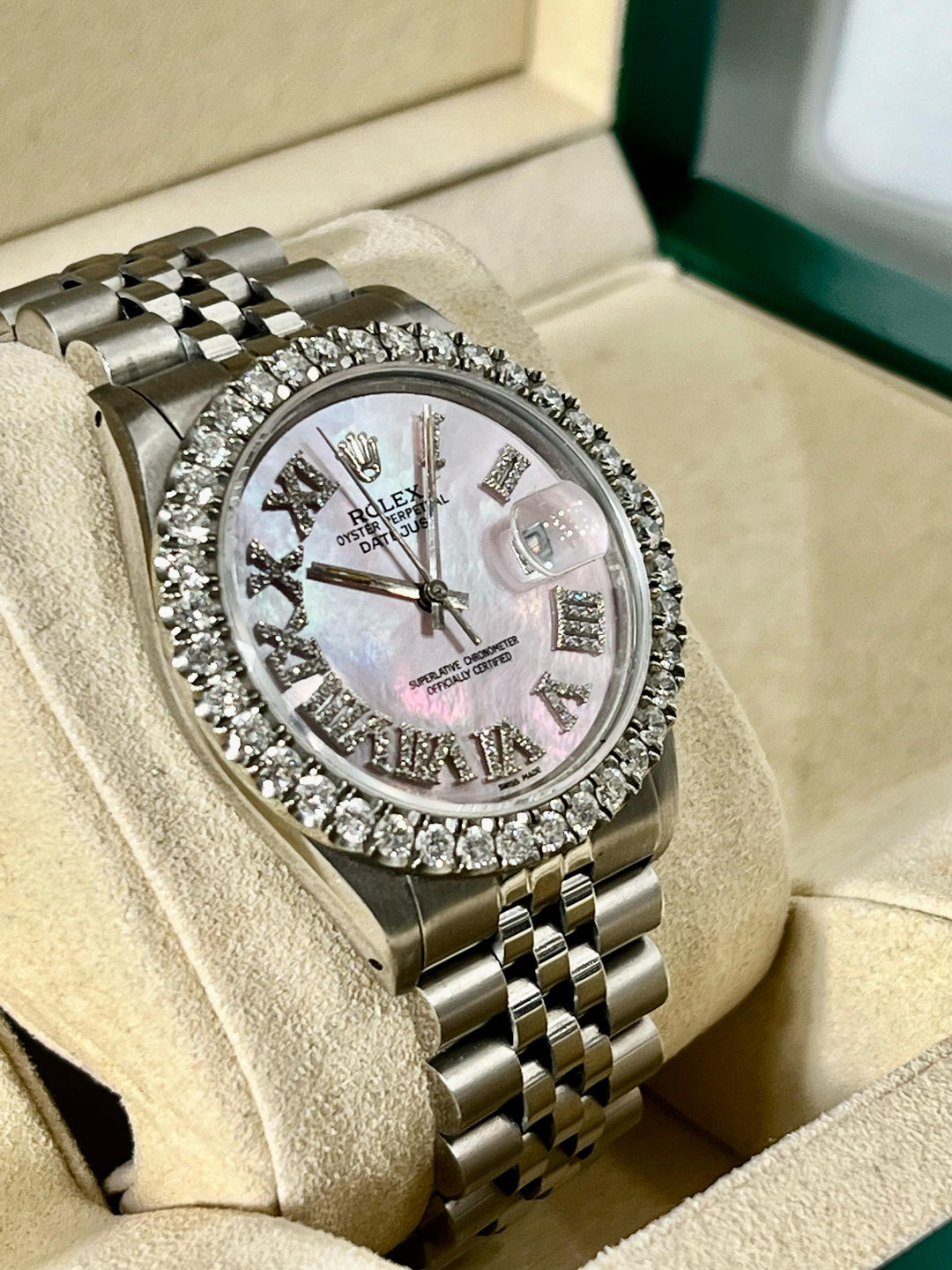 ROLEX DATEJUST STAINLESS STEEL 3.25CT AFTERMARKET DIAMOND BEZEL AND DIAL 36MM WATCH