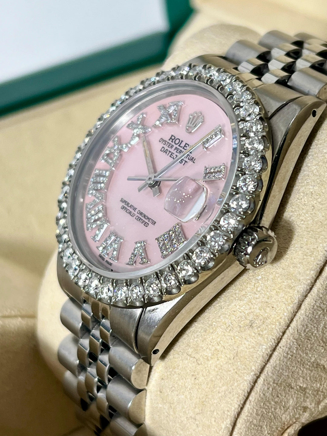 ROLEX DATEJUST STAINLESS STEEL 3.25CT AFTERMARKET DIAMOND BEZEL AND DIAL 36MM WATCH