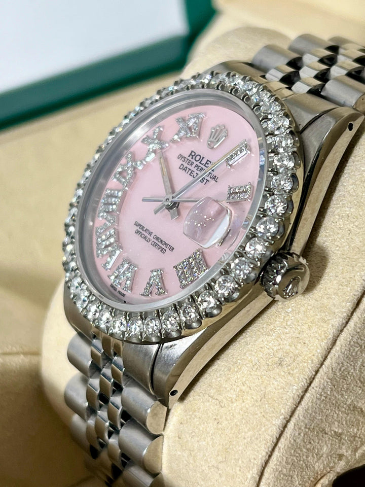 ROLEX DATEJUST STAINLESS STEEL 3.25CT AFTERMARKET DIAMOND BEZEL AND DIAL 36MM WATCH