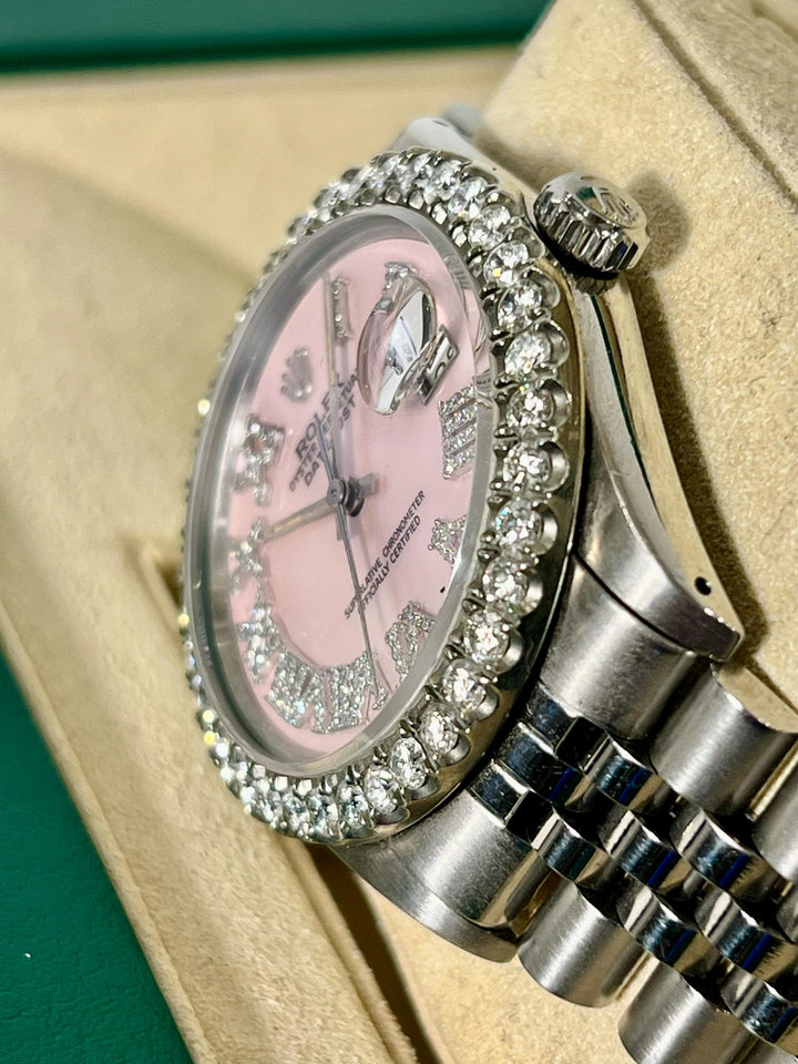 ROLEX DATEJUST STAINLESS STEEL 3.25CT AFTERMARKET DIAMOND BEZEL AND DIAL 36MM WATCH